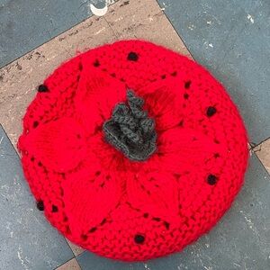 Cooperative Bright Red & Green Knit Strawberry Beret Hat